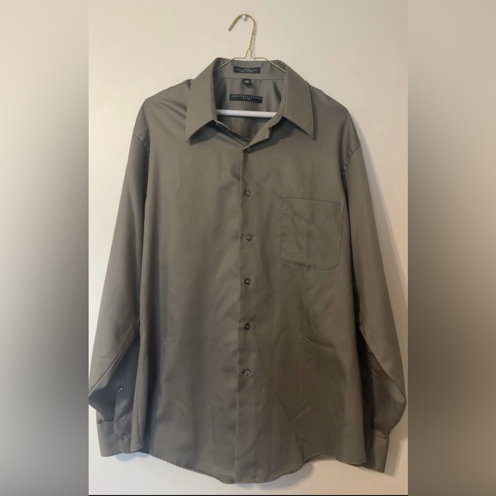 Geoffrey Beene Fitted Sateen Dress Shirt Sage Gray Men’s XL 34/35 Wrinkle Free